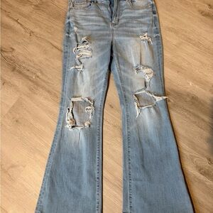 American Eagle Curvy High Rise Flare Jeans Size 9/29 Distressed Light Wash